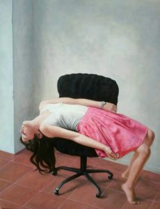 Daniele Vezzani, La sedia nera. Olio su tavola, 2018