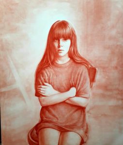 Daniele Vezzani, Francesca con braccia conserte. Olio su tela, 120x100 cm, 2019