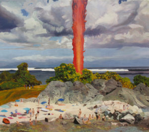 Massimiliano Zaffino, Fiammata insolita non disturba il procedere di una giornata al mare. Olio su tela, 105x120 cm, 2020